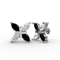 Dört Taşlı Rüzgar Küpe - Siyah zirkon ve swarovski 8 ayar beyaz altın küpe #121ab5x