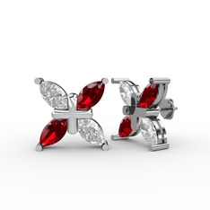 Dört Taşlı Rüzgar Küpe - Swarovski ve garnet 18 ayar beyaz altın küpe #1406as7