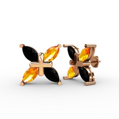 Dört Taşlı Rüzgar Küpe - Siyah zirkon ve sitrin 925 ayar rose altın kaplama gümüş küpe #14mgy2g