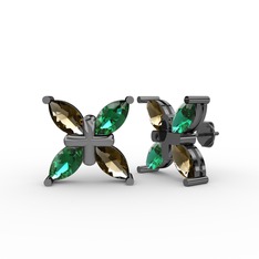 Dört Taşlı Rüzgar Küpe - Dumanlı kuvars ve yeşil kuvars 925 ayar siyah rodyum kaplama gümüş küpe #14xge1b