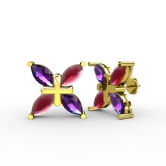 Ametist ve kök yakut 18 ayar altın küpe