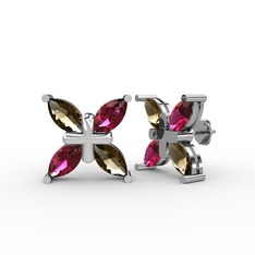 Dört Taşlı Rüzgar Küpe - Dumanlı kuvars ve rodolit garnet 8 ayar beyaz altın küpe #1597dcd