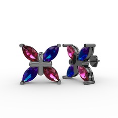 Rodolit garnet ve lab safir 925 ayar siyah rodyum kaplama gümüş küpe