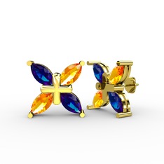 Dört Taşlı Rüzgar Küpe - Lab safir ve sitrin 14 ayar altın küpe #15we90o