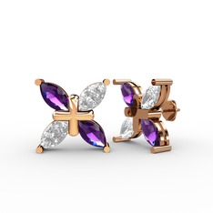 Dört Taşlı Rüzgar Küpe - Ametist ve beyaz zirkon 18 ayar rose altın küpe #174umvy