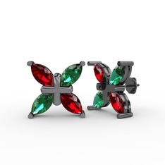 Garnet ve yeşil kuvars 925 ayar siyah rodyum kaplama gümüş küpe