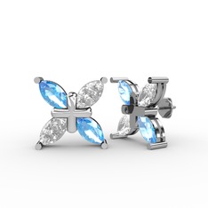 Akuamarin ve beyaz zirkon 14 ayar beyaz altın küpe