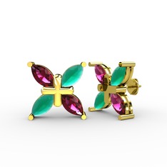 Dört Taşlı Rüzgar Küpe - Rodolit garnet ve kök zümrüt 18 ayar altın küpe #1ab110k