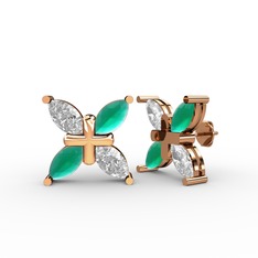 Dört Taşlı Rüzgar Küpe - Swarovski ve kök zümrüt 8 ayar rose altın küpe #1afshe1