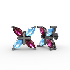 Rodolit garnet ve akuamarin 925 ayar siyah rodyum kaplama gümüş küpe