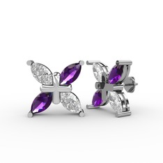 Dört Taşlı Rüzgar Küpe - Swarovski ve ametist 8 ayar beyaz altın küpe #1apqz11