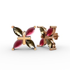 Dört Taşlı Rüzgar Küpe - Dumanlı kuvars ve kök yakut 925 ayar rose altın kaplama gümüş küpe #1biaab2