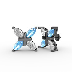 Dört Taşlı Rüzgar Küpe - Swarovski ve akuamarin 925 ayar siyah rodyum kaplama gümüş küpe #1cfhdhb