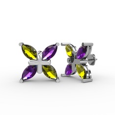 Dört Taşlı Rüzgar Küpe - Peridot ve ametist 8 ayar beyaz altın küpe #1cmi1fg