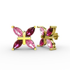 Pembe kuvars ve rodolit garnet 14 ayar altın küpe