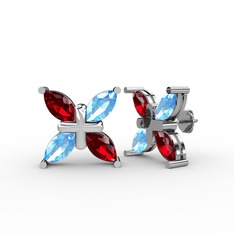 Dört Taşlı Rüzgar Küpe - Garnet ve akuamarin 14 ayar beyaz altın küpe #1ct4upo