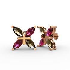 Dört Taşlı Rüzgar Küpe - Dumanlı kuvars ve rodolit garnet 8 ayar rose altın küpe #1d6rtfg