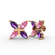 Ametist ve pembe kuvars 18 ayar rose altın küpe
