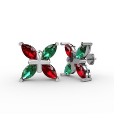 Dört Taşlı Rüzgar Küpe - Garnet ve yeşil kuvars 14 ayar beyaz altın küpe #1dol0dz