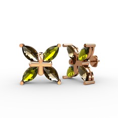 Dört Taşlı Rüzgar Küpe - Dumanlı kuvars ve peridot 14 ayar rose altın küpe #1eagsq8