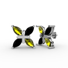 Peridot ve siyah zirkon 14 ayar beyaz altın küpe