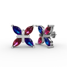 Dört Taşlı Rüzgar Küpe - Lab safir ve rodolit garnet 8 ayar beyaz altın küpe #1fhmcus