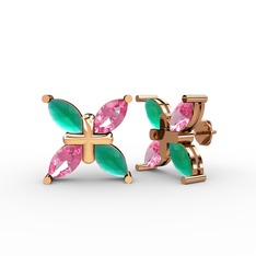 Dört Taşlı Rüzgar Küpe - Kök zümrüt ve pembe kuvars 18 ayar rose altın küpe #1fvlaen