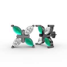 Dört Taşlı Rüzgar Küpe - Kök zümrüt ve beyaz zirkon 925 ayar siyah rodyum kaplama gümüş küpe #1fx5t6p