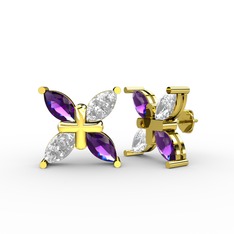 Dört Taşlı Rüzgar Küpe - Ametist ve swarovski 14 ayar altın küpe #1gf15hx