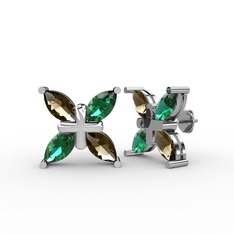 Dört Taşlı Rüzgar Küpe - Dumanlı kuvars ve yeşil kuvars 14 ayar beyaz altın küpe #1h7h7md