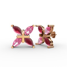 Kök yakut ve pembe kuvars 14 ayar rose altın küpe