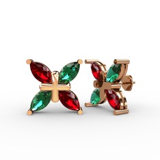 Dört Taşlı Rüzgar Küpe - Garnet ve yeşil kuvars 14 ayar rose altın küpe #1ie40ip