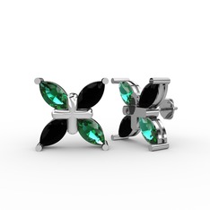 Dört Taşlı Rüzgar Küpe - Yeşil kuvars ve siyah zirkon 18 ayar beyaz altın küpe #1ifx0h