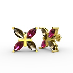 Dört Taşlı Rüzgar Küpe - Dumanlı kuvars ve rodolit garnet 14 ayar altın küpe #1j0c016