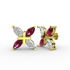 Dört Taşlı Rüzgar Küpe - Swarovski ve rodolit garnet 14 ayar altın küpe #1jha987