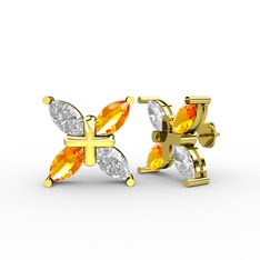 Dört Taşlı Rüzgar Küpe - Swarovski ve sitrin 18 ayar altın küpe #1klp203