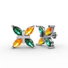 Yeşil kuvars ve sitrin 8 ayar beyaz altın küpe