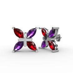 Garnet ve ametist 18 ayar beyaz altın küpe