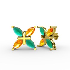 Dört Taşlı Rüzgar Küpe - Kök zümrüt ve sitrin 14 ayar altın küpe #1mdce2x