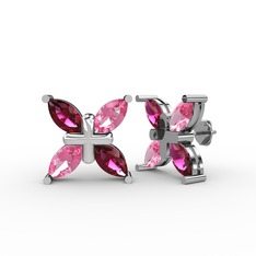 Dört Taşlı Rüzgar Küpe - Rodolit garnet ve pembe kuvars 14 ayar beyaz altın küpe #1mey9ev