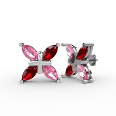 Pembe kuvars ve garnet 8 ayar beyaz altın küpe