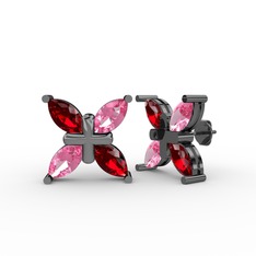 Dört Taşlı Rüzgar Küpe - Garnet ve pembe kuvars 925 ayar siyah rodyum kaplama gümüş küpe #1n5znf4