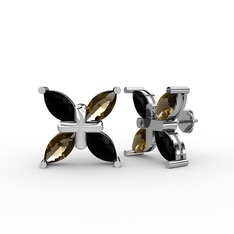 Siyah zirkon ve dumanlı kuvars 14 ayar beyaz altın küpe