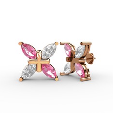 Dört Taşlı Rüzgar Küpe - Pembe kuvars ve beyaz zirkon 14 ayar rose altın küpe #1qnoqc0