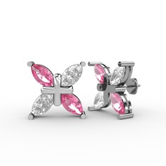 Dört Taşlı Rüzgar Küpe - Pembe kuvars ve swarovski 8 ayar beyaz altın küpe #1rhsvlf