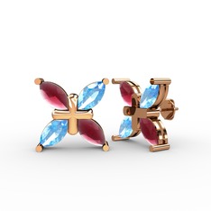 Dört Taşlı Rüzgar Küpe - Kök yakut ve akuamarin 18 ayar rose altın küpe #1rrc5gi