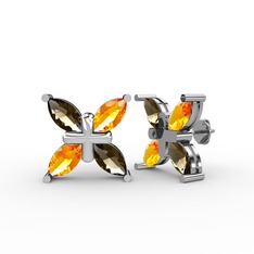 Dört Taşlı Rüzgar Küpe - Dumanlı kuvars ve sitrin 8 ayar beyaz altın küpe #1sljfdi