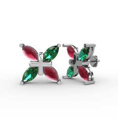 Dört Taşlı Rüzgar Küpe - Kök yakut ve yeşil kuvars 8 ayar beyaz altın küpe #1sm5mlt