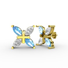 Dört Taşlı Rüzgar Küpe - Akuamarin ve beyaz zirkon 14 ayar altın küpe #1spwhz