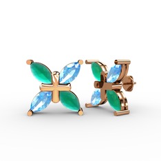 Dört Taşlı Rüzgar Küpe - Kök zümrüt ve akuamarin 18 ayar rose altın küpe #1tll53t